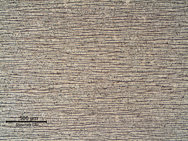 Ferritic perlitic microstructure, banded, in the center of the 3/4" thick C-Mn plate. Refined Structure.