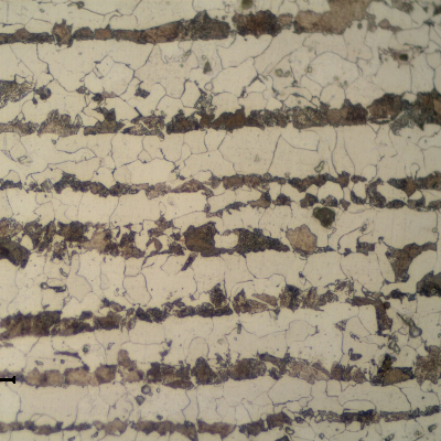 Ferritic perlitic microstructure, banded, in the center of the 3/4" thick C-Mn plate.  Refined Structure.