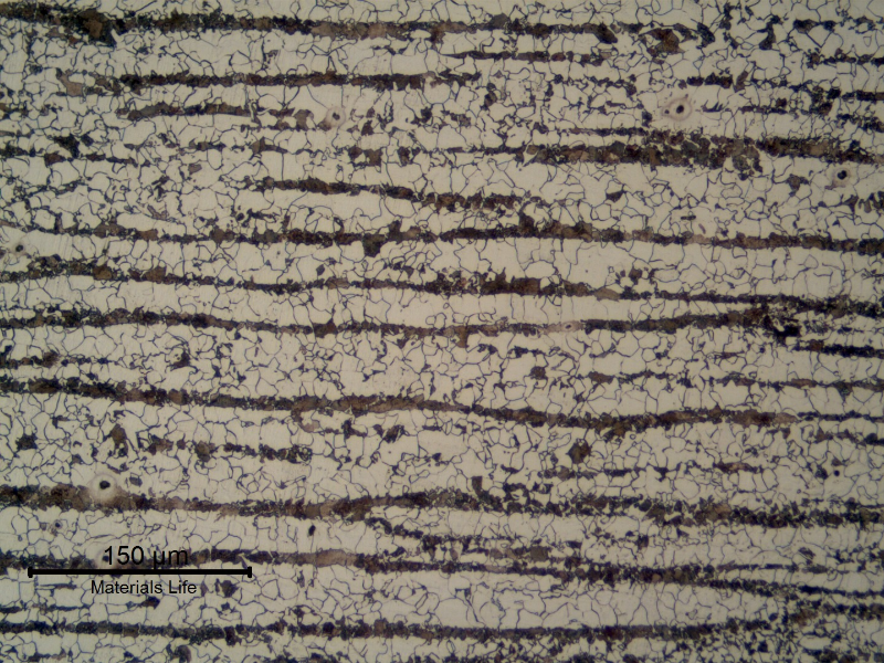 Ferritic perlitic microstructure, banded, in the center of the 1" thick C-Mn plate. Refined Structure.