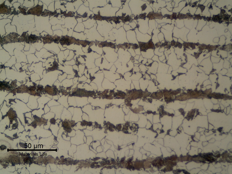 Ferritic perlitic microstructure, banded, in the center of the 1" thick C-Mn plate.  Refined Structure.