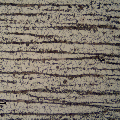 Ferritic perlitic microstructure, banded, in the center of the 1" thick C-Mn plate.  Refined Structure.