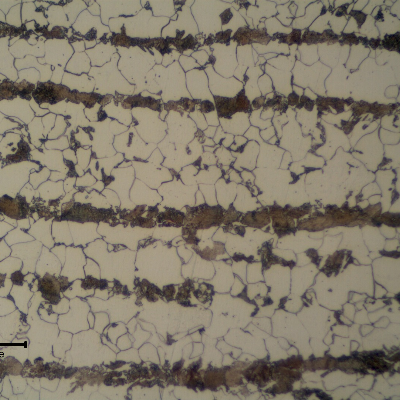 Ferritic perlitic microstructure, banded, in the center of the 1" thick C-Mn plate.  Refined Structure.