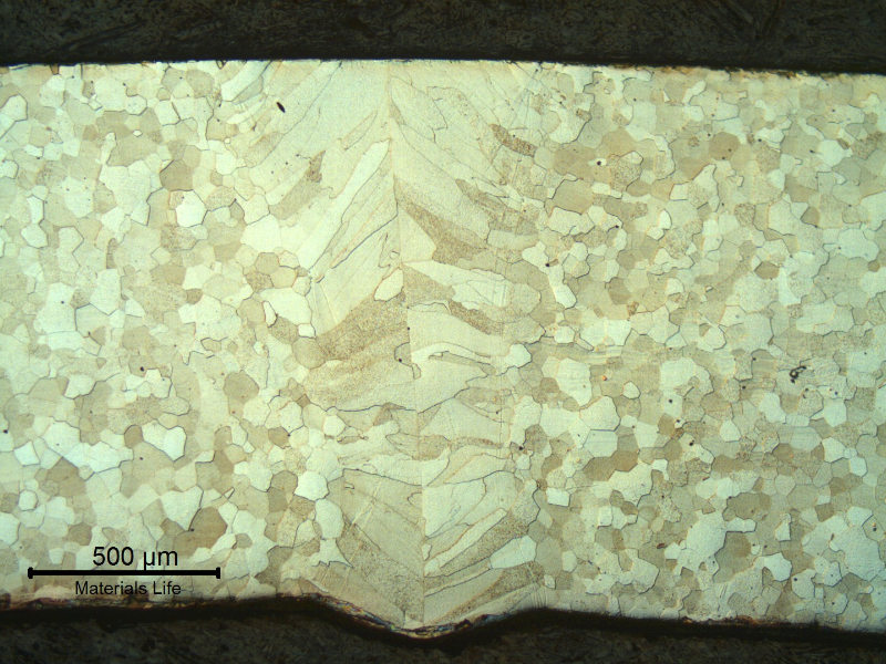 Transverse section of the 1/16" thick tube at the autogenous seam weld.
