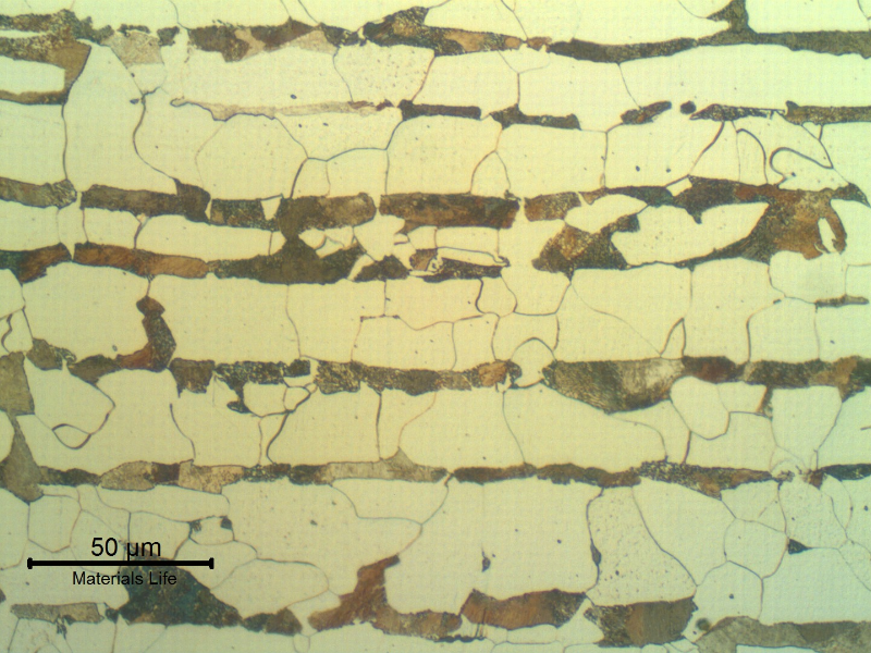 Ferritic-perlitic microstructure of a longitudinal section of the plate that was qualified to be adopted in a tubesheet boiler. Hot formed plate presenting perlite banding.