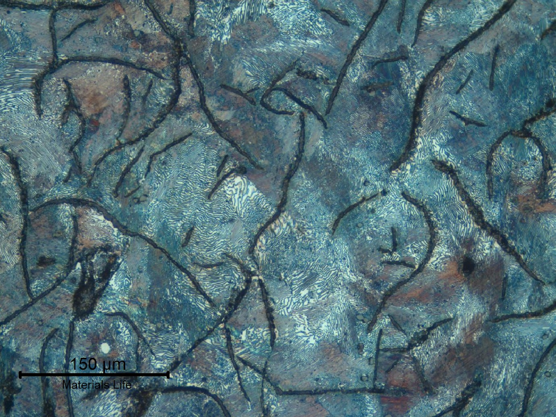 Grey cast iron microstructe. Perlitic matrix and graphite flakes.