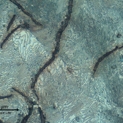 Grey cast iron microstructe. Perlitic matrix and graphite flakes.