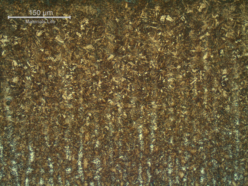 Martensitic structure at the cutting HAZ. Longitudinal section.