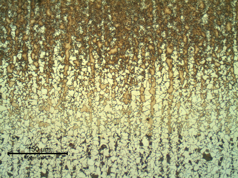 Intercritical heating at 0.5 mm from the cut surface, showing martensitic islands.