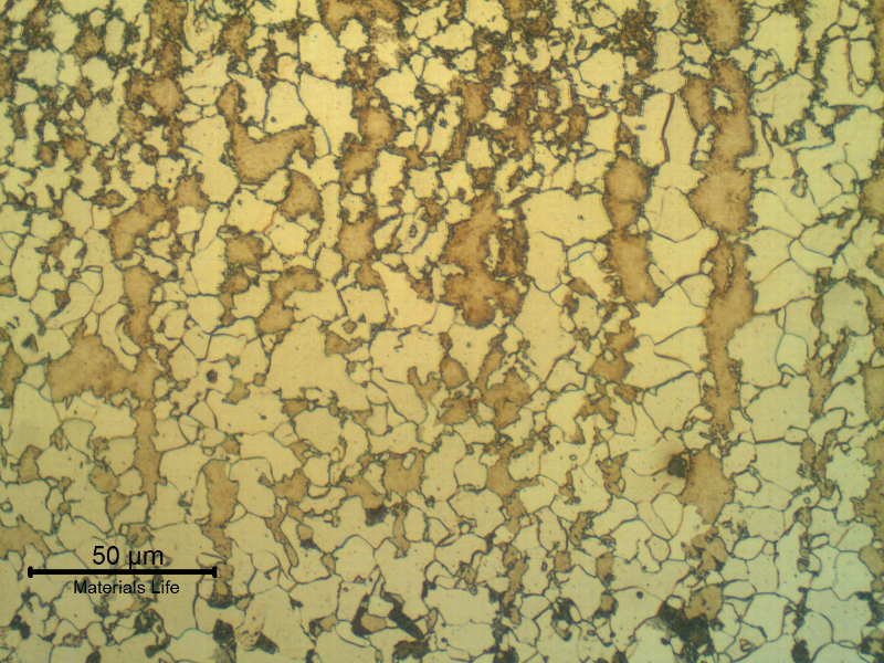 Intercritical heating at 0.5 mm from the cut surface, showing martensitic islands.