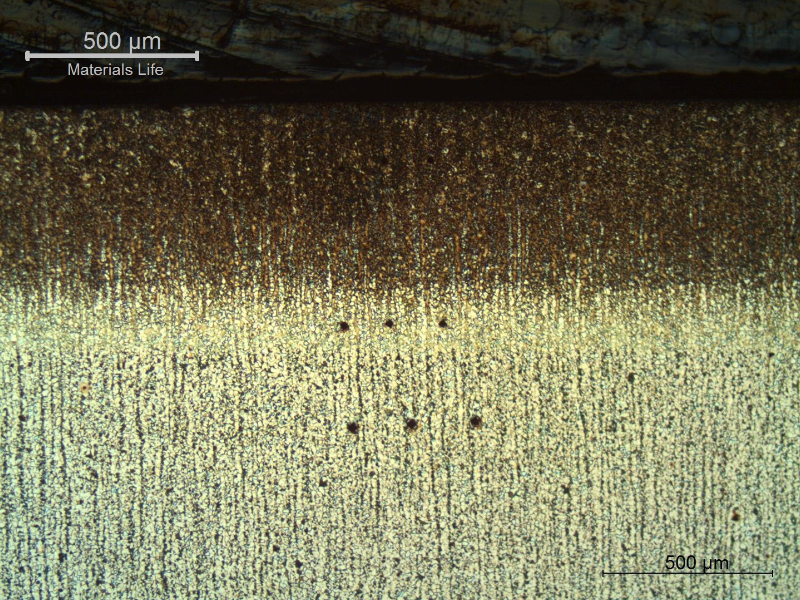 Location of the microhardness tests.  The three measurements at the plate base metal  showed average hardness of 204 HV 50g.  The three measurements of the martensitic structure at the surface showed average 454HV 50g.  The intercritical region showed average 324 HV 50g.