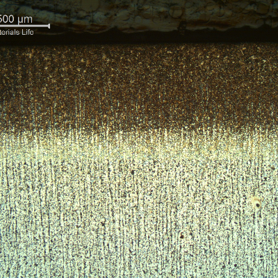 Micrography of a section transverse to the Oxygen Plasma Cut surface, showing the zone affected by the heat generated in the cutting. The extension of the HAZ is about 0.5 mm.  The cut was conducted in the 1 1/4" thickness of the plate.