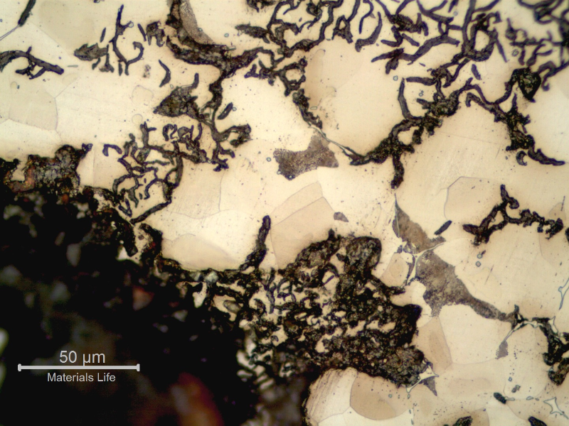 Micrographic detail of the graphite/matrix interface corrosion, leading to a general corrosion loss.