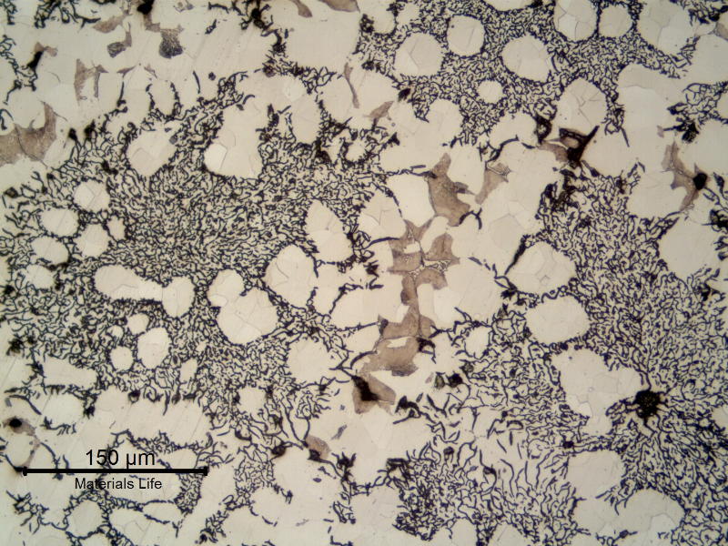 Micrography of the longitudinal section of the pipe, close to the internal surface, showing graphite in flakes and ferritic matrix with small regions of perlite.