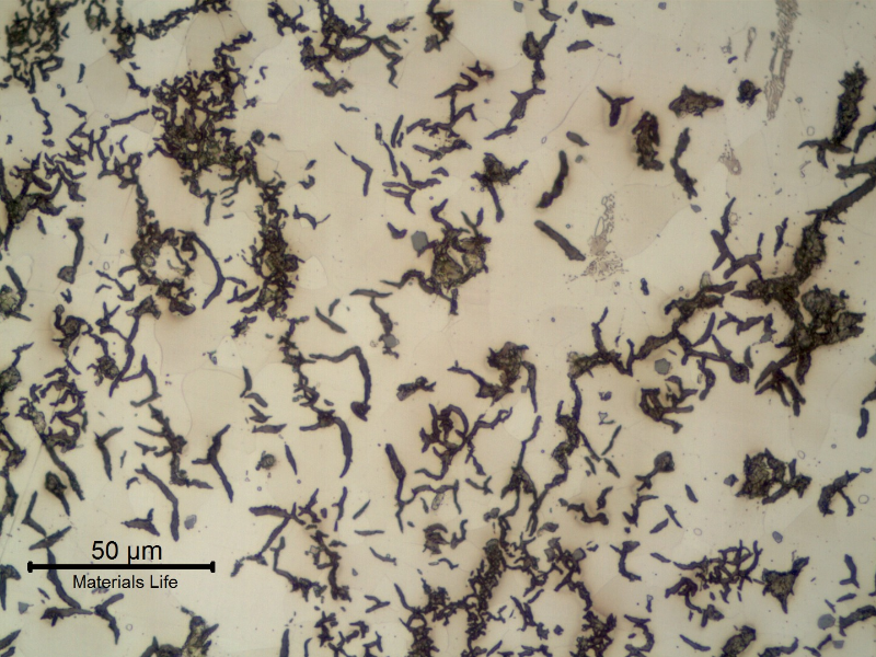 Micrography of the longitudinal section of the pipe, close to the external surface. Graphite in flakes and predominantly ferritic matrix .