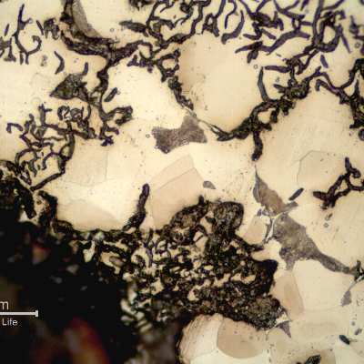 Micrographic detail of the graphite/matrix interface corrosion, leading to a general corrosion loss.