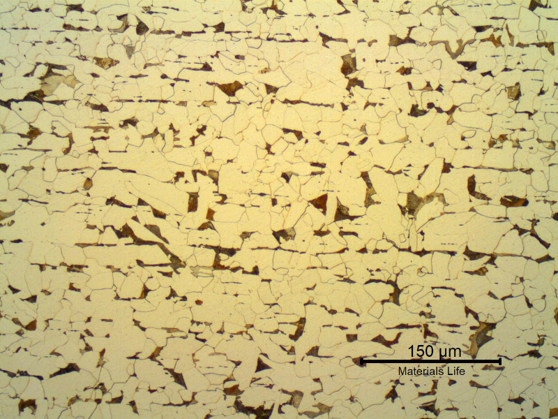 Micrography of the transverse section of the rolled shape presenting an aligned structure, ferritic-pearlitic.
Transverse section.