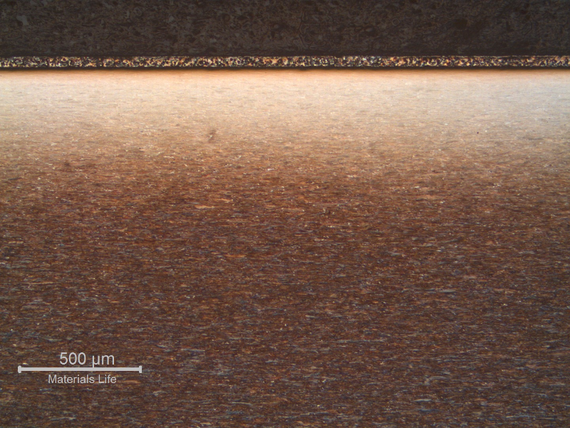 Longitudinal section of the wire, close to the surface. Galvanized layer (zinc), 50 microns thickness.