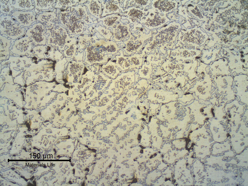 Micrography of the transverse section of the TUBE REMOVED FROM SERVICE, in the center of the thickness, showing the austenitic structure with primary carbides network and secondary precipitation.