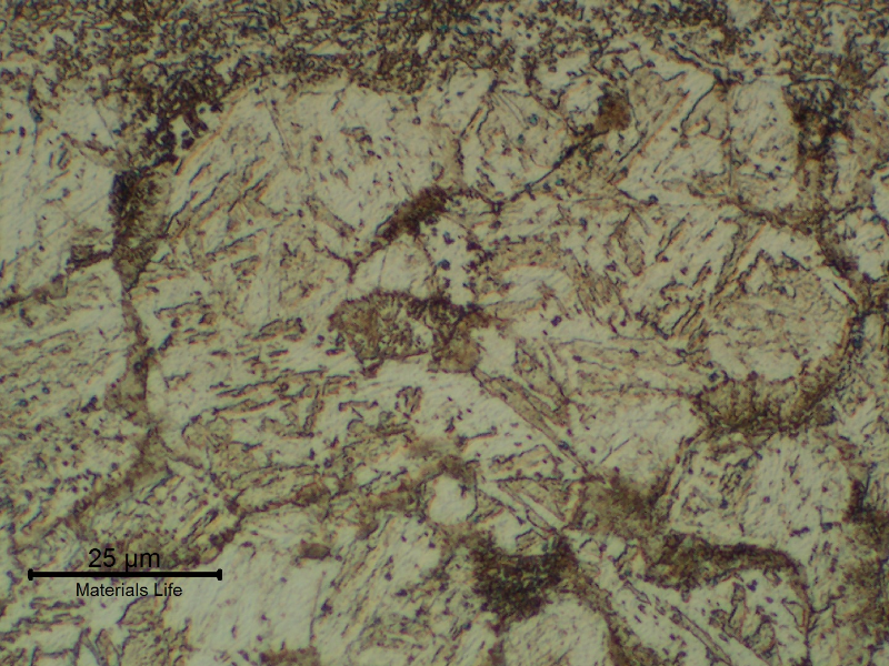 13Cr SS in the longitudinal section, at the collapsed region.  Detail of the non uniform structure (ferritic matrix and decorated prior austenite grain boundaries) that evidences an usuitable heat treatment during fabrication, and explains the material low strenght.