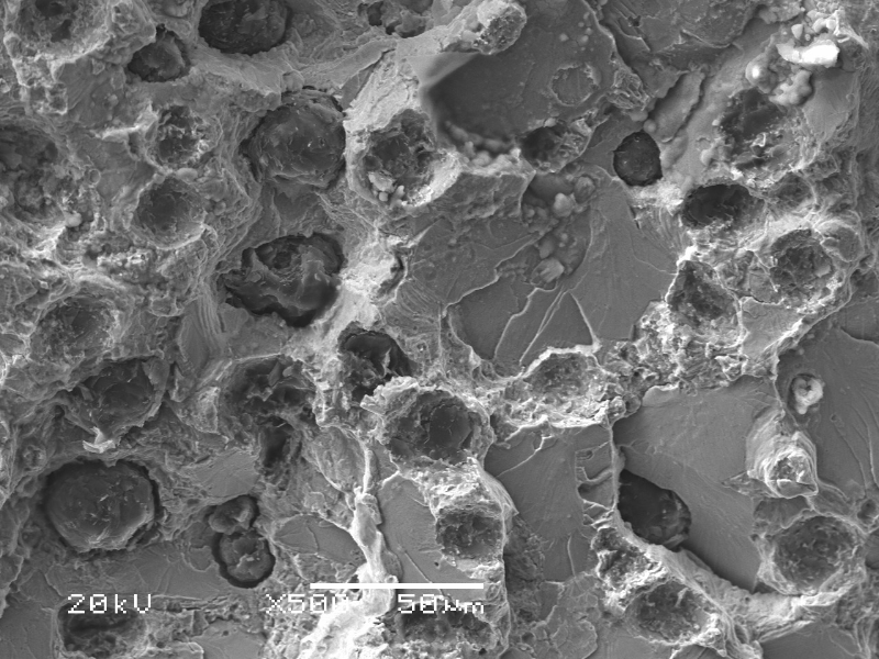 The fracture surface is flat, shows the graphite nodules and cleavage of the ferritic microstructure, indicating that the material have exceeded the capacity to acomodate the stress.