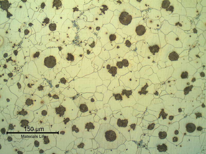 The cast iron microstructure is predominatly ferritic with graphite nodules.