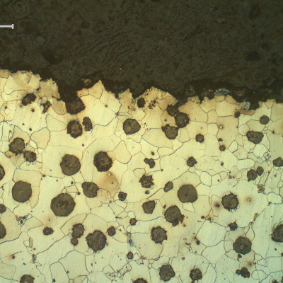 The micrography of the stem at the fracture region shows a flat fracture with transgranular clevage at the ferritic structure.