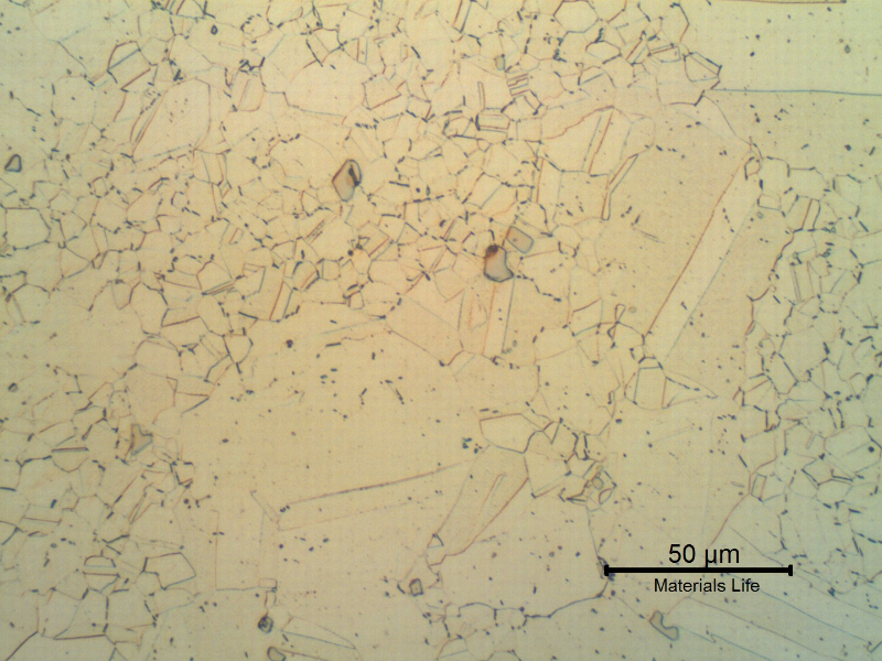 Duplex grain size structure, austenitic. The small grains are probably due to the arresting effect of the delta phase during fabrication in high temperature.