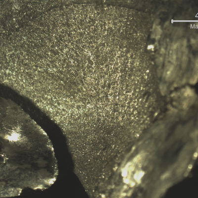 Macroscopic aspect of the 1" shaft fracture surface, revealing beach marks at the surface typical of fatigue, initiated from the surface of the spline shaft at the gear position.