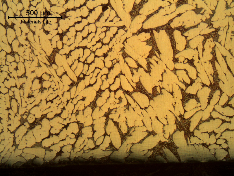 The micrography of the transverse section shows coarse grains and biphasic structure.  No diferentes close to the internal surface. Alpha grains and a lamellar eutectoid structure can be observed in the material.