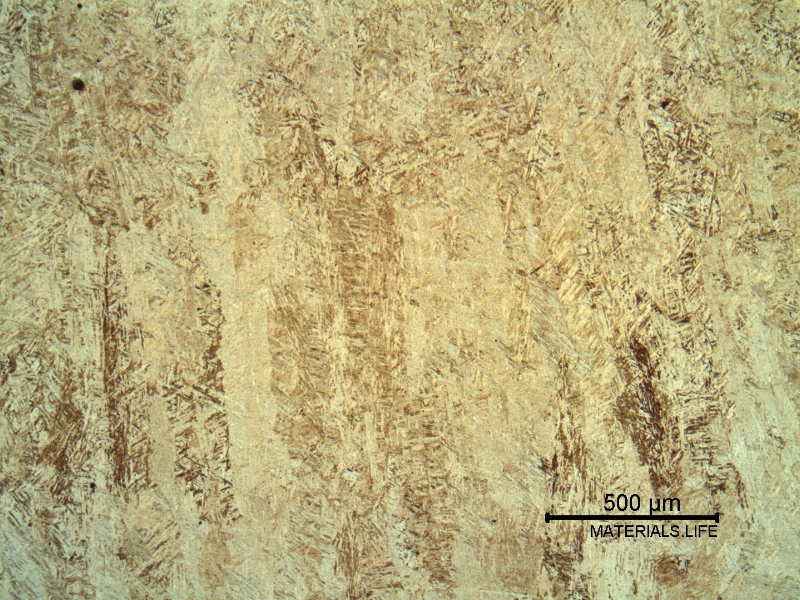 Micrography of the weld metal in the center of the weld, showing a martensitic microstructure.