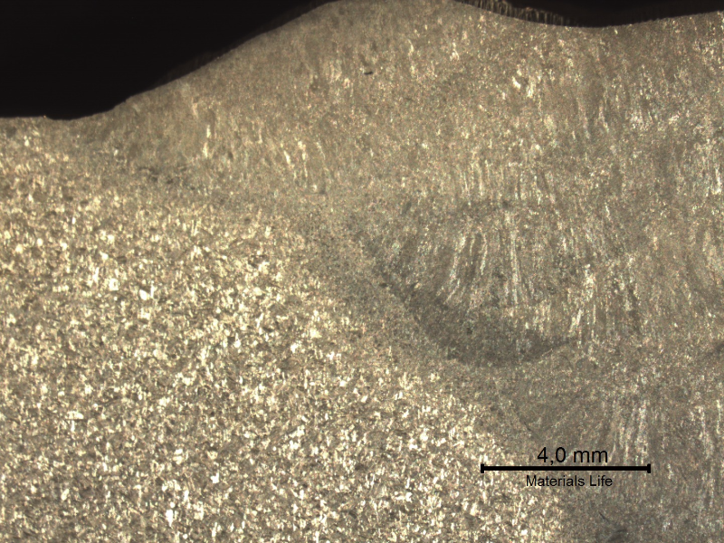 Macrography of the welded joint upper part. Transverse section showing the different zones studied in this ML. See the schematic drawing in the next image.