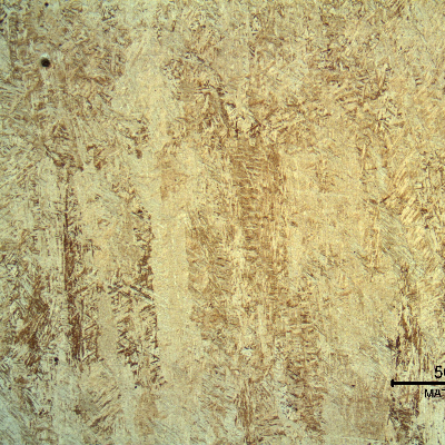 Micrography of the weld metal in the center of the weld, showing a martensitic microstructure.
