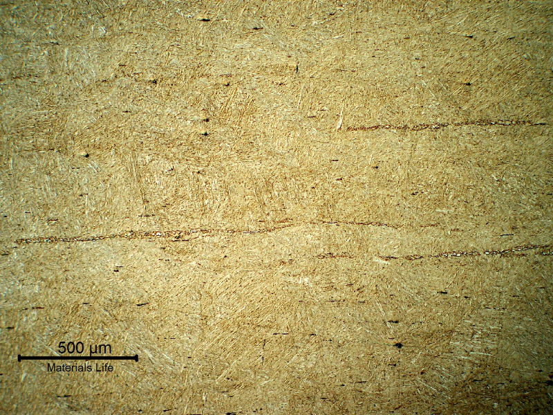 Micrography of a longitudinal section of the pin, presenting a tempered martensitic structure with aligned delta ferrite and carbide phases.