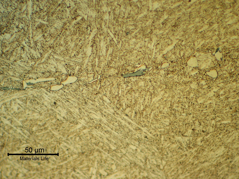 Micrographic detail of the pin structure, in the longitudinal section, presenting a martensitic matriz, aligned inclusions (grey, delta ferrite islands (poligonal white phases) and carbides (also white phases) surrounding the delta ferrite.