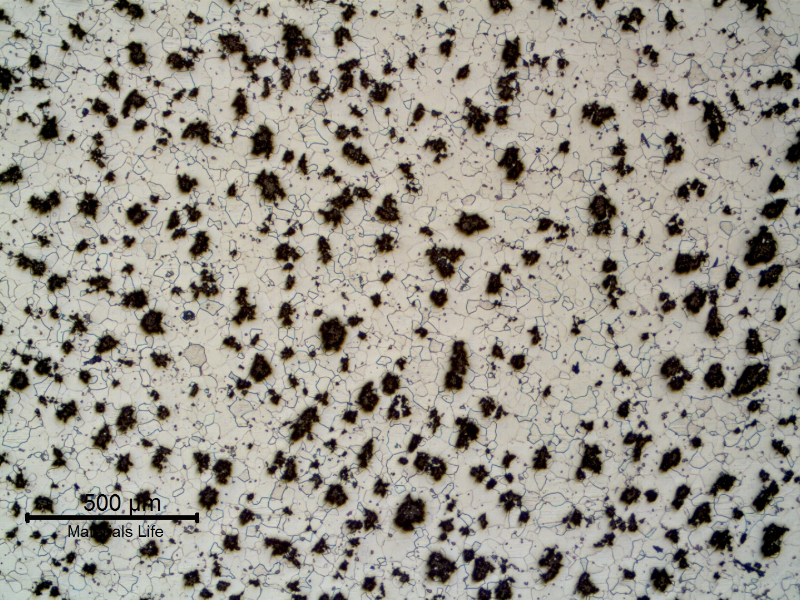 Micrography of CAP A, showing graphite in imperfect nodules and ferritic matrix.