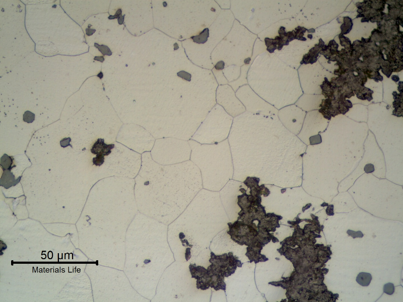Detail of CAP A microstructure. Graphite in imperfect nodules and ferritic matrix. Grey sulphide inclusions.