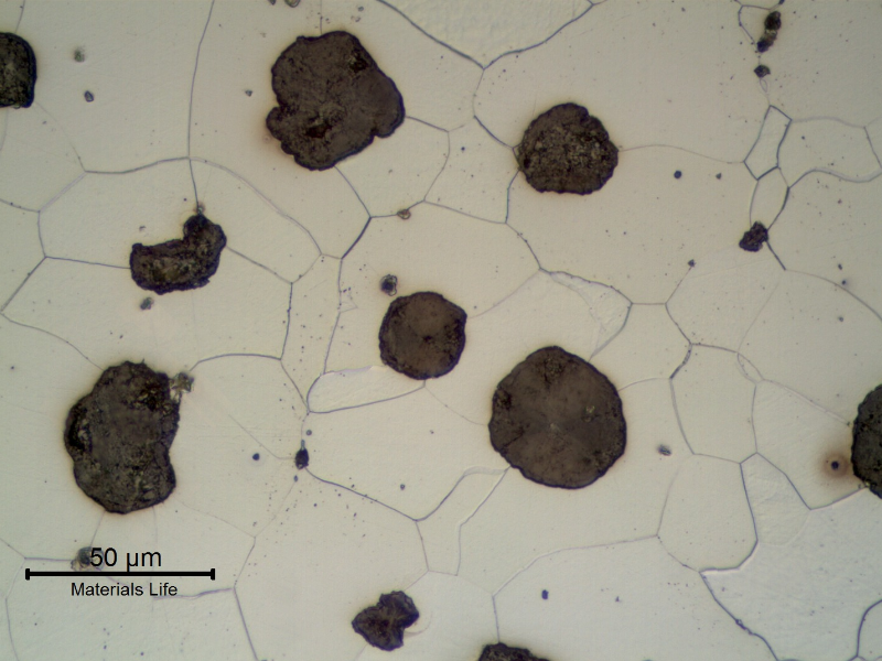 Detail of CAP B microstructure. Graphite in nodules and ferritic matrix. Small sulphide inclusions (grey).