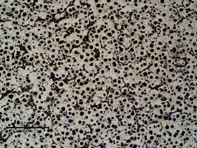 Micrography of CAP C, showing graphite in nodules and ferritic-perlitic matrix.