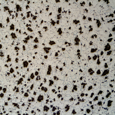 Micrography of CAP A, showing graphite in imperfect nodules and ferritic matrix.