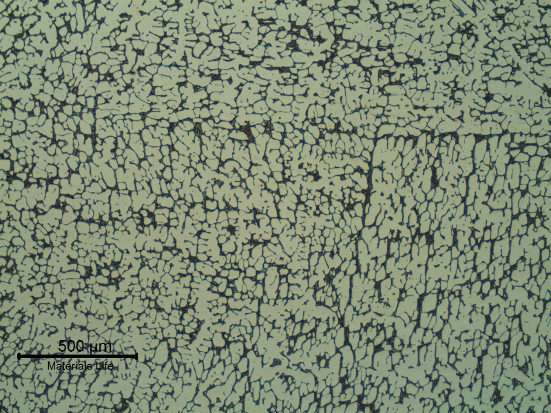 Micrography of the flange base metal presenting a coarse duplex ferritic austenitc structure.