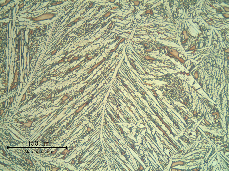 Micrographic detail of the root weld metal. Duplex ferritic austenitic structure with Widmanstatten morphology.
