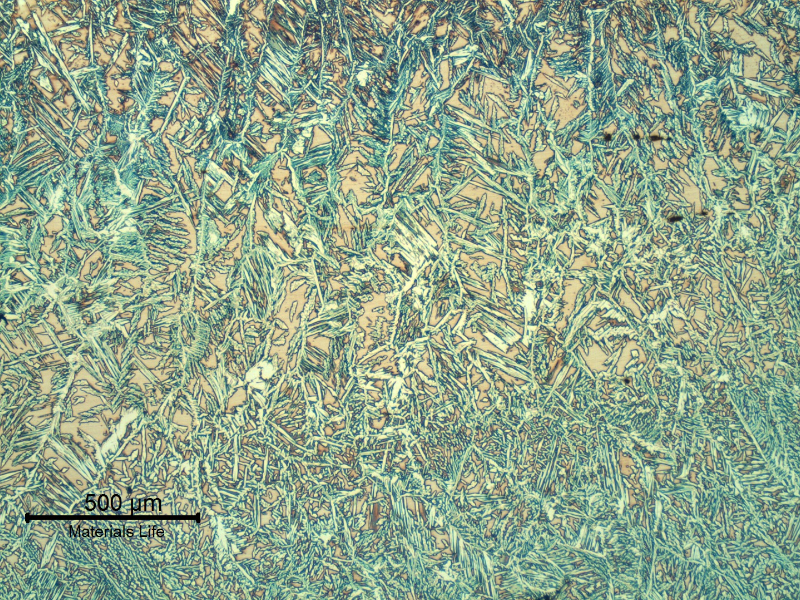 Micrography of the center of the weld metal (fill pass). Duplex ferritic austenitic structure.