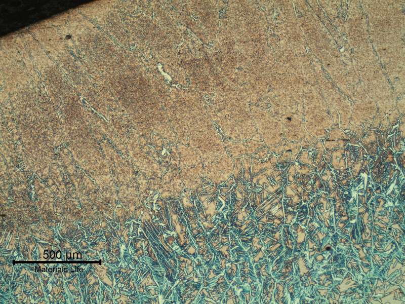 Micrography of the weld metal (cap) at the surface.  It is clear that the last bead of the weld was remelted in an autogenous condition, probably to create a better finish, since the layer is less than 2 mm deep. This is a typical bad practice since a large amount of ferrite is retained by the quick cooling.