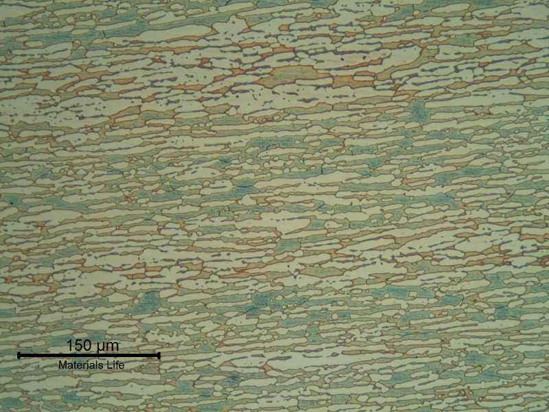 Micrographic detail of the pipe base metal presenting a refined duplex ferritic austenitc structure, banded.