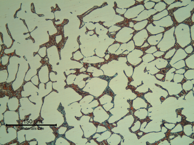 Micrographic detail of the flange base metal presenting a coarse duplex ferritic austenitc structure.