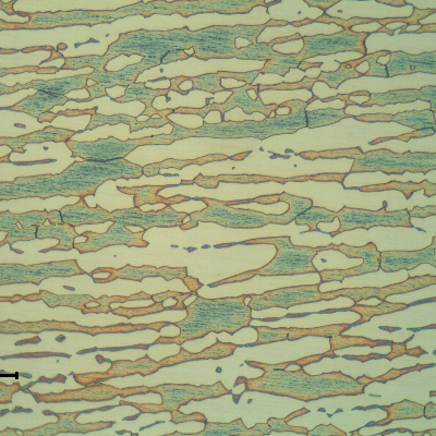Micrographic detail of the pipe base metal presenting a refined duplex ferritic austenitc structure, banded.