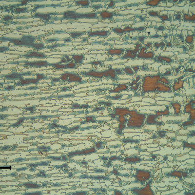 Higher magnification of the pipe heat affected zone. The amount of ferrite increases with the proximity of the fusion line (to the right).