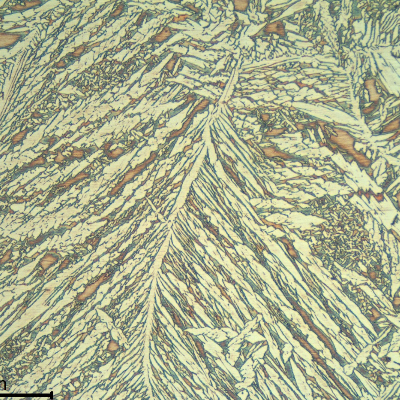 Micrographic detail of the root weld metal. Duplex ferritic austenitic structure with Widmanstatten morphology.