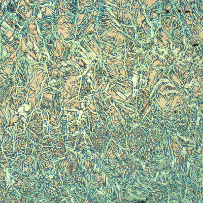 Micrography of the center of the weld metal (fill pass). Duplex ferritic austenitic structure.