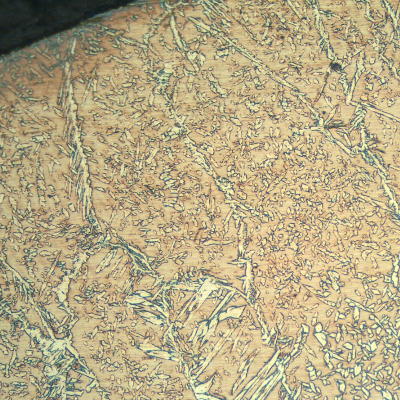 Micrographic detail of the weld metal (cap) at the surface.  A large amount of ferrite is retained by the quick cooling at the surface.